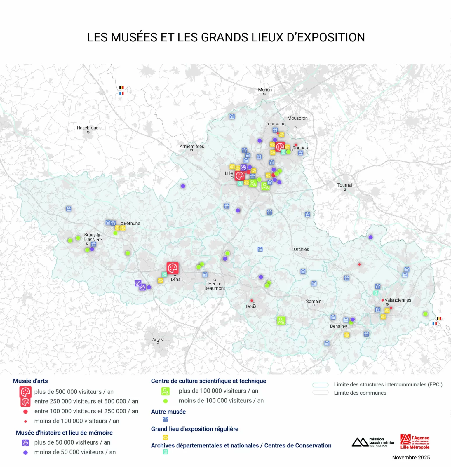 La carte qui prend en compte les équipements d’arts visuels dans l'Atlas des équipements culturels de la métropole lilloise et du Bassin minier Nord-Pas de Calais