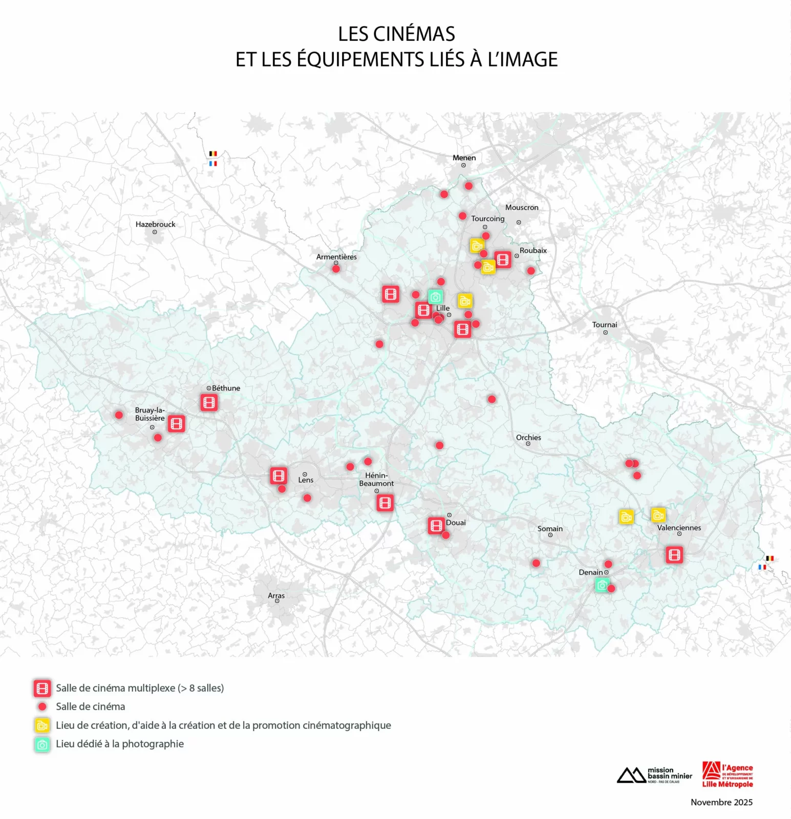 La carte qui prend en compte les cinémas et les équipements liés à l'image dans l'Atlas des équipements culturels de la métropole lilloise et du Bassin minier Nord-Pas de Calais
